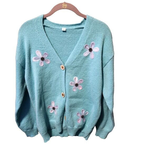 Vintage y2k 70s retro Mint Green Daisy floral Cardigan Grandpa Sweater - Picture 1 of 8